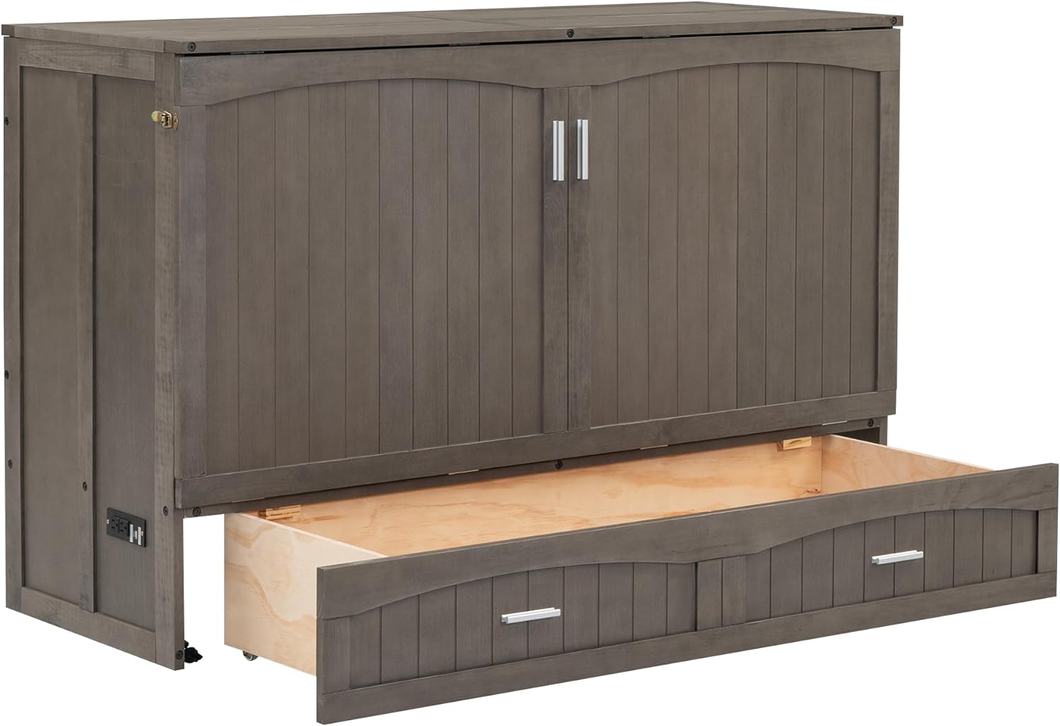 Queen Size Mobile Murphy Bed Chest with Built-in Charging Station and Big Storage Drawer, Traditional Solid Wood Murphy Cube Cabinet Bed Platform Bed for Small Room Guest Room Office