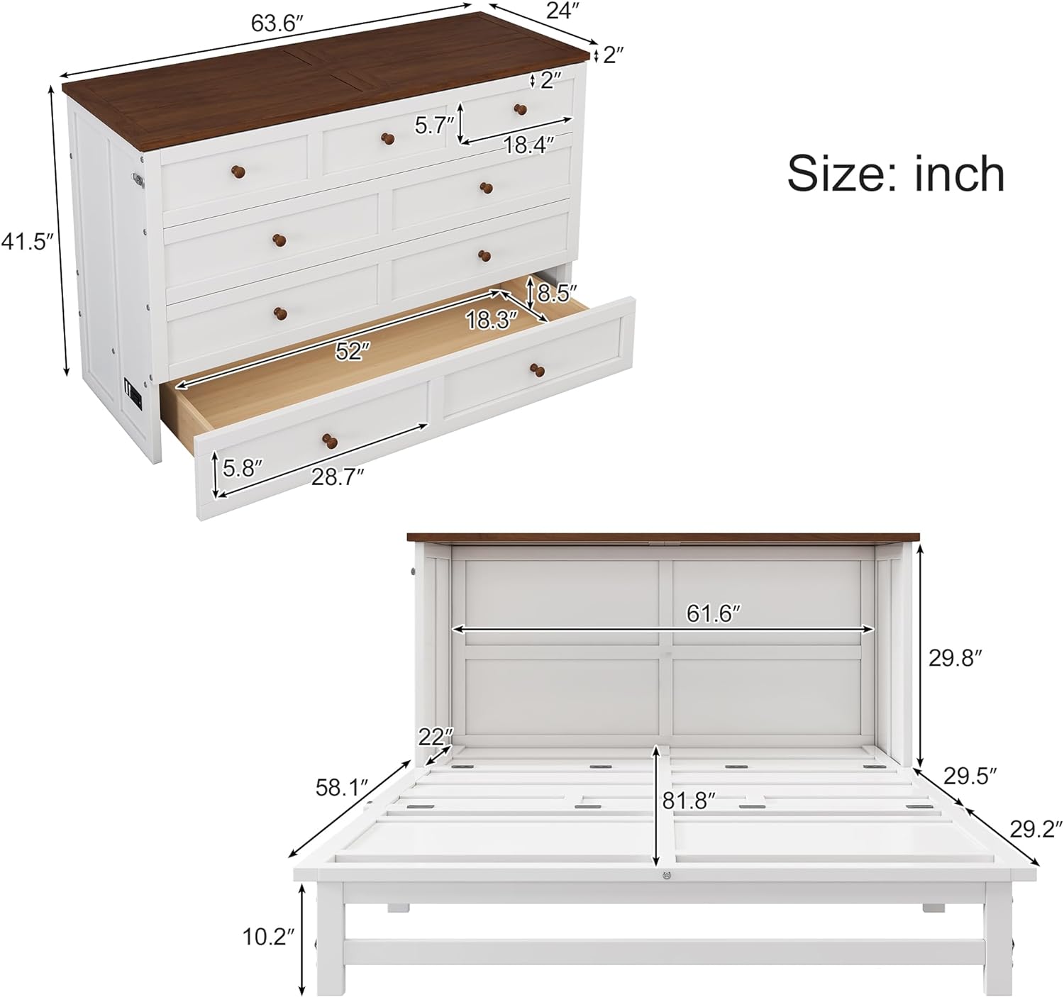 SOFTSEA Queen Size Murphy Bed Chest with Charging Station and Large Drawer for Small Room