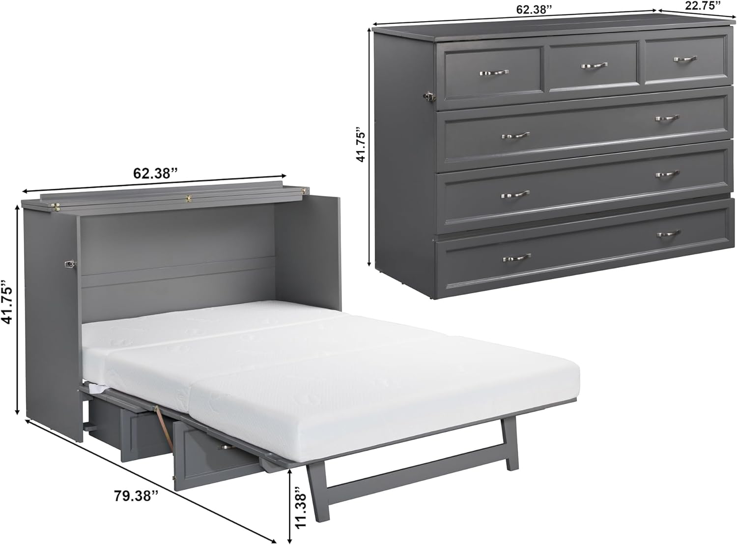 AFI Deerfield Murphy Bed Chest with Charging Station, Queen, Grey
