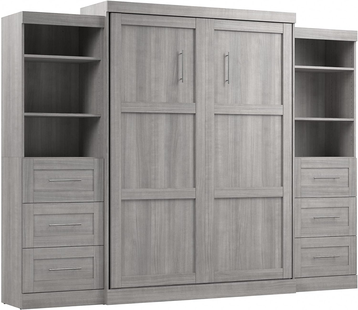 BESTAR Pur Murphy 2 Shelving Units with Drawers, Space-Saving Wall Bed, Queen, Platinum Gray