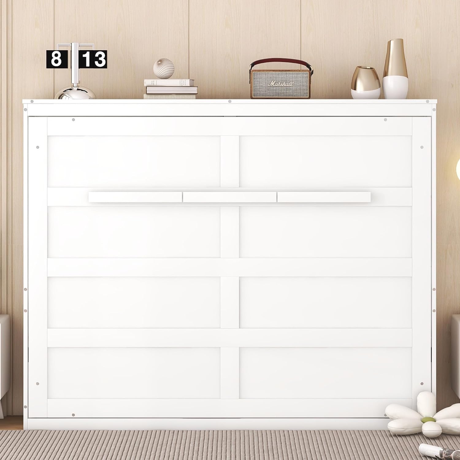 Full Size Mobile Murphy Bed Wall Bed Chest, Foldable Platform Bed Folded into Cabinet, Wood Wall Bed Murphy Bed Frame, Bedroom Furniture Versatile Cabinet Bed Folding Bed (White)