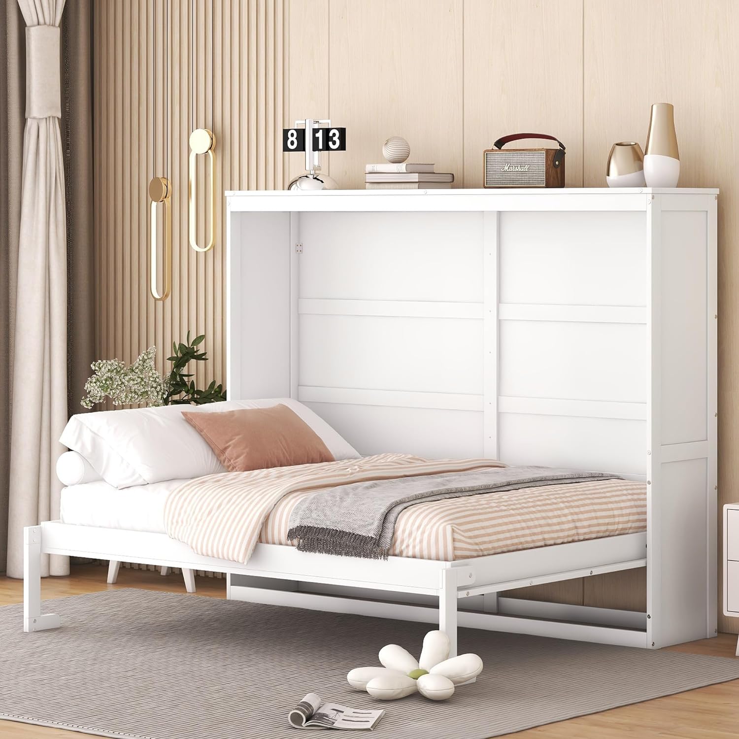Full Size Mobile Murphy Bed Wall Bed Chest, Foldable Platform Bed Folded into Cabinet, Wood Wall Bed Murphy Bed Frame, Bedroom Furniture Versatile Cabinet Bed Folding Bed (White)