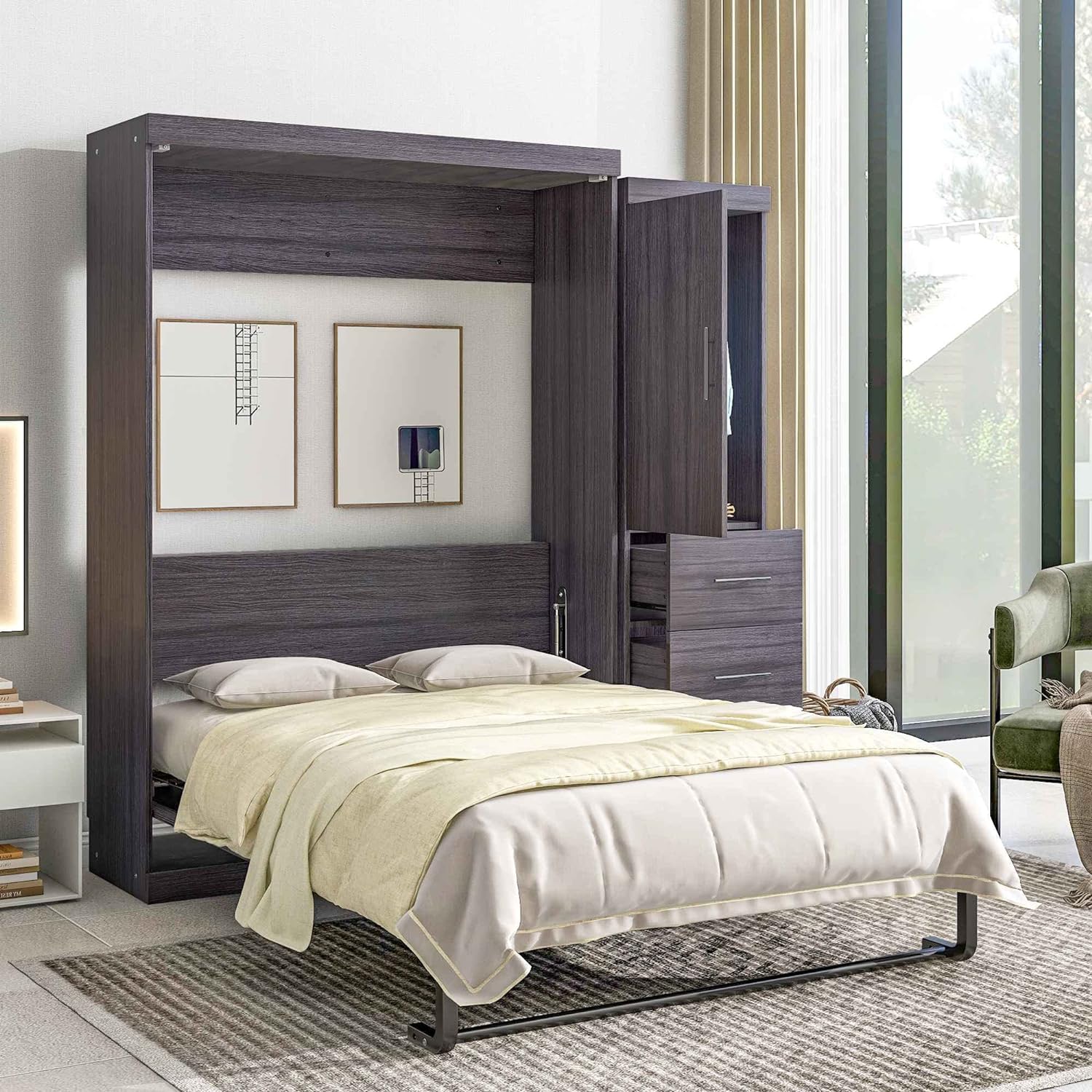 Full Size Murphy Bed with Wardrobe and Drawers, Wood Storage Bedframe Can be Folded into a Cabinet, Bedroom Furniture, Save Space Design, No Box Spring Required, Gray