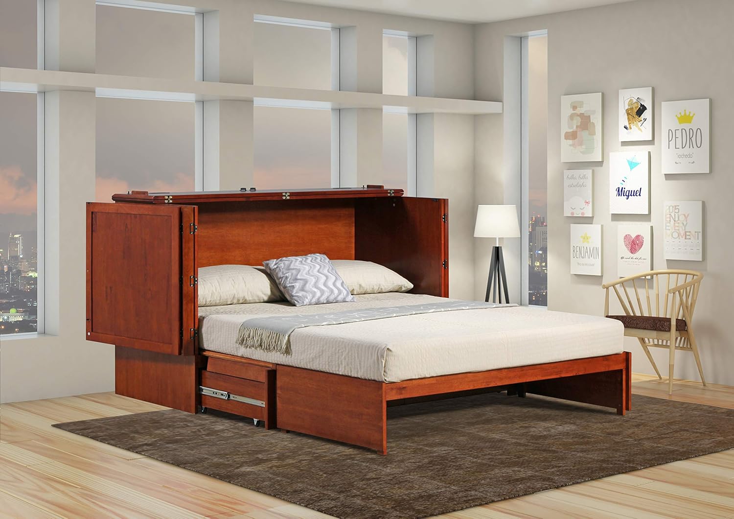Mega Solutions Emurphybed Paradiseo Murphy Cabinet Chest Bed with Charging Station 6 Inch, Queen (Cherry)