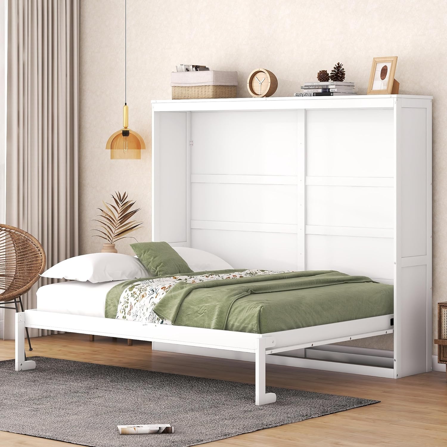 Murphy Bed Queen, Queen Size Murphy Bed Cabinet, Wall Bed, Wood Hideaway Folding Beds for Platform Bedroom, Guest Room, Studio or Home Office, White