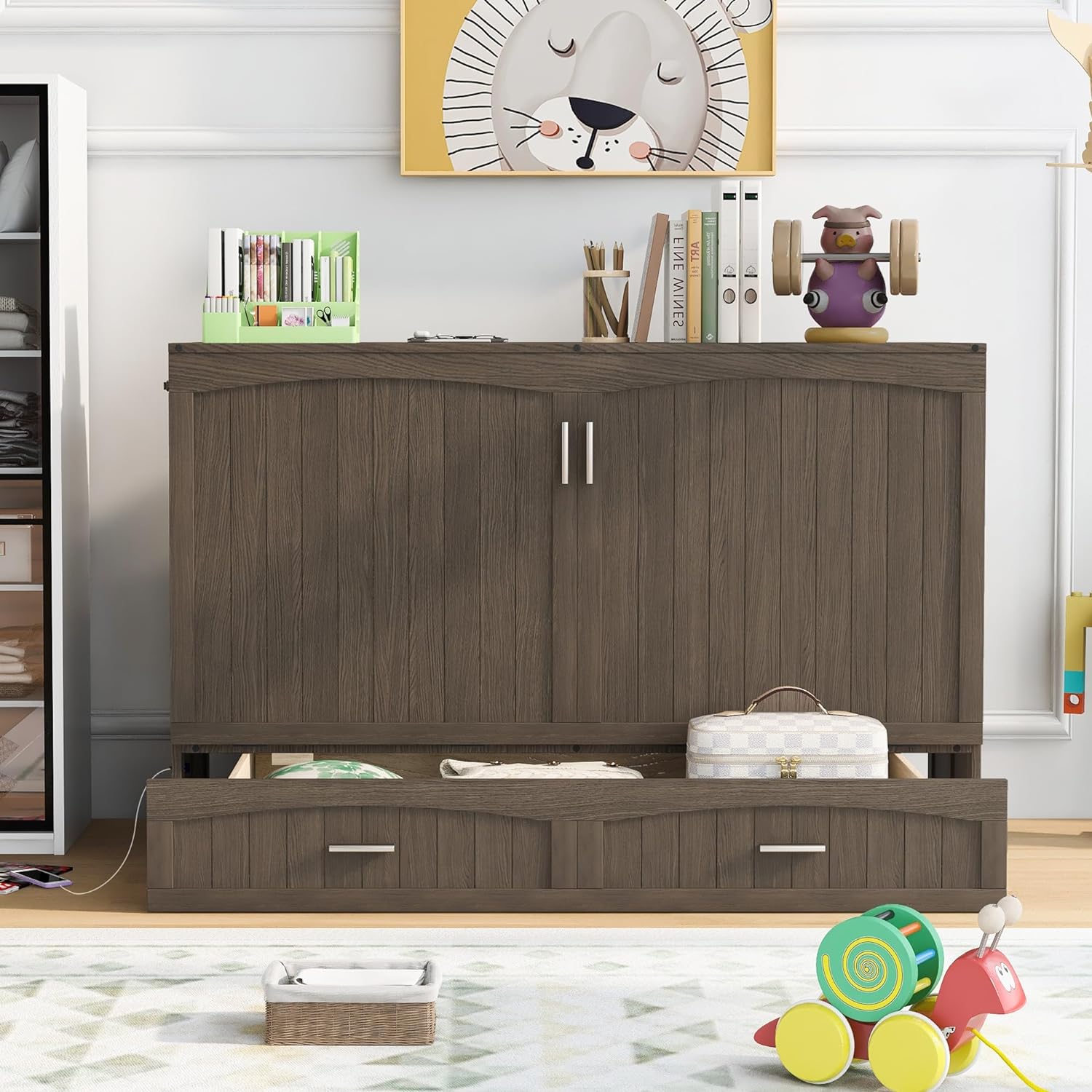 Queen Size Murphy Bed with Built-in Charging Station, Multifunctional Bed Frame with Large Drawer, Fold Out Couch Bed, Antique Grey
