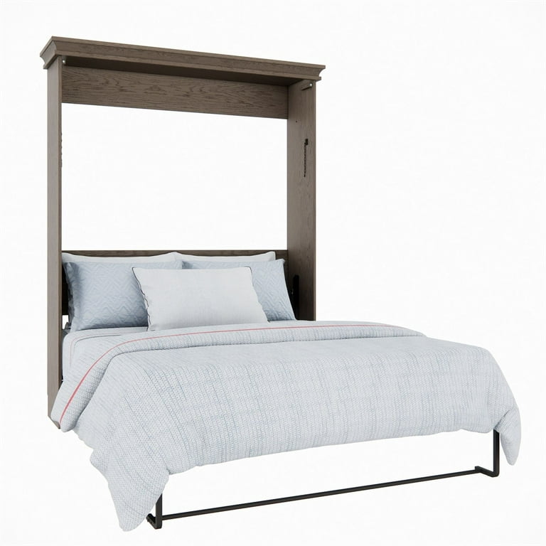 RoomAndLoft Windsor Queen Solid Wood Murphy Wall Bed and Shelf Storage with Side Desktop and Drawers in Brown