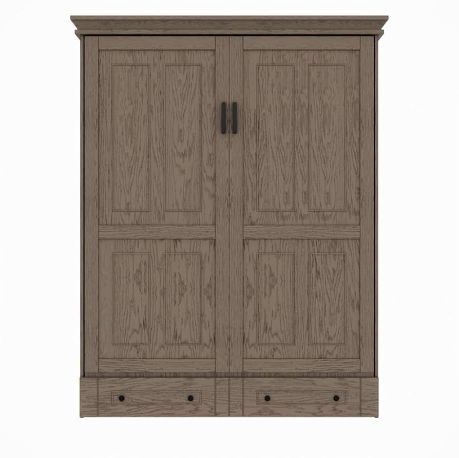 RoomAndLoft Windsor Queen Solid Wood Murphy Wall Bed and Shelf Storage with Side Desktop and Drawers in Brown