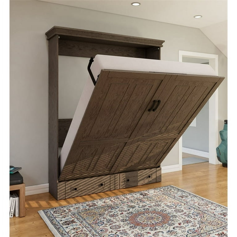 RoomAndLoft Windsor Queen Solid Wood Murphy Wall Bed and Shelf Storage with Side Desktop and Drawers in Brown