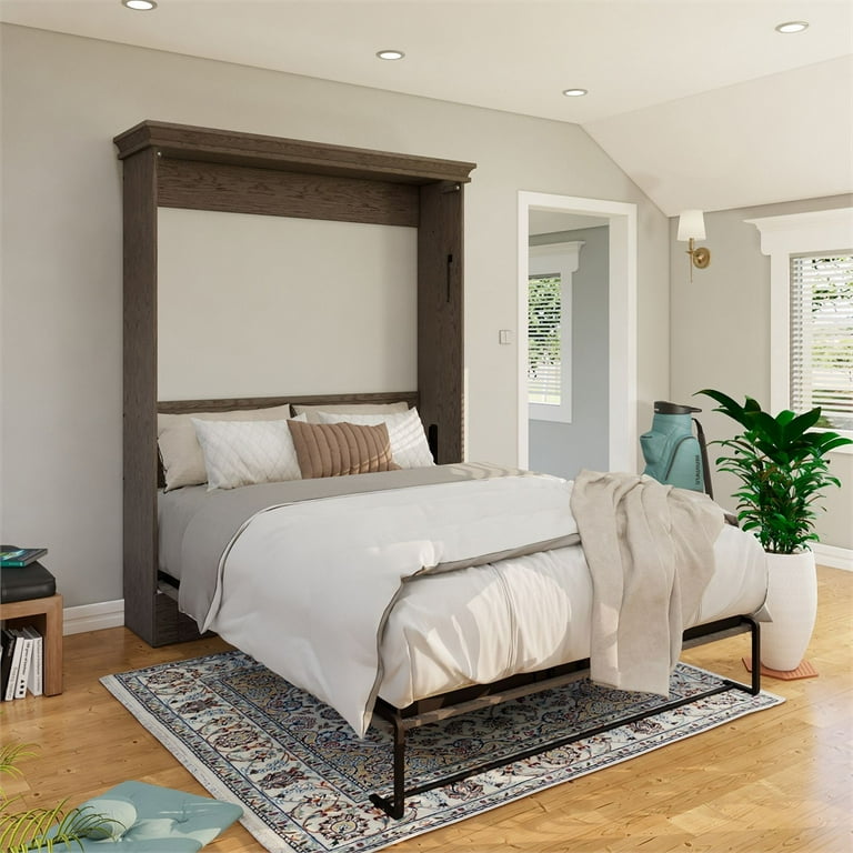 RoomAndLoft Windsor Queen Solid Wood Murphy Wall Bed and Shelf Storage with Side Desktop and Drawers in Brown