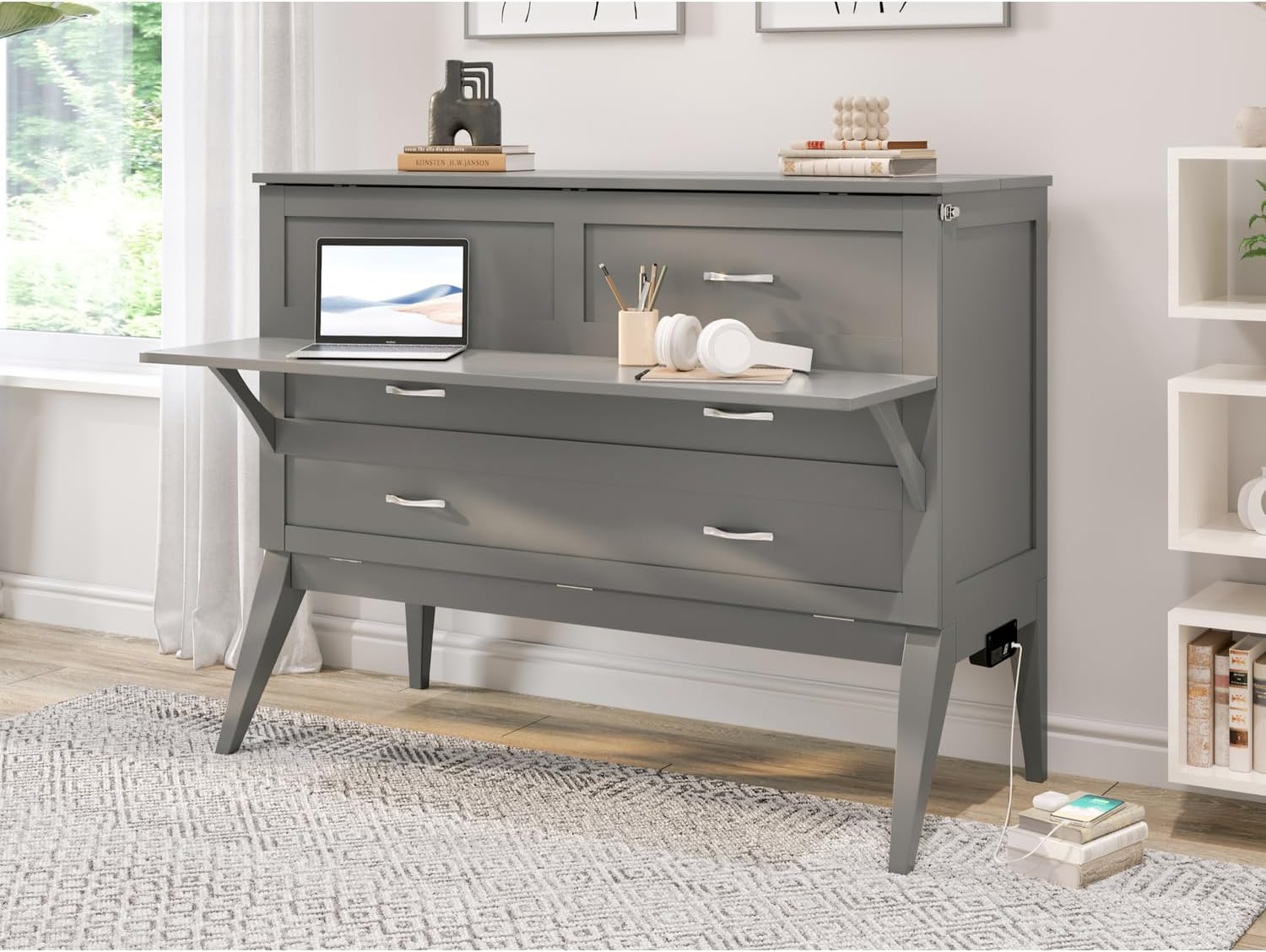 AFI, Northampton Murphy Bed Desk with Premium 6 Inch Folding Memory Foam Mattress and USB Charger, Full, Grey