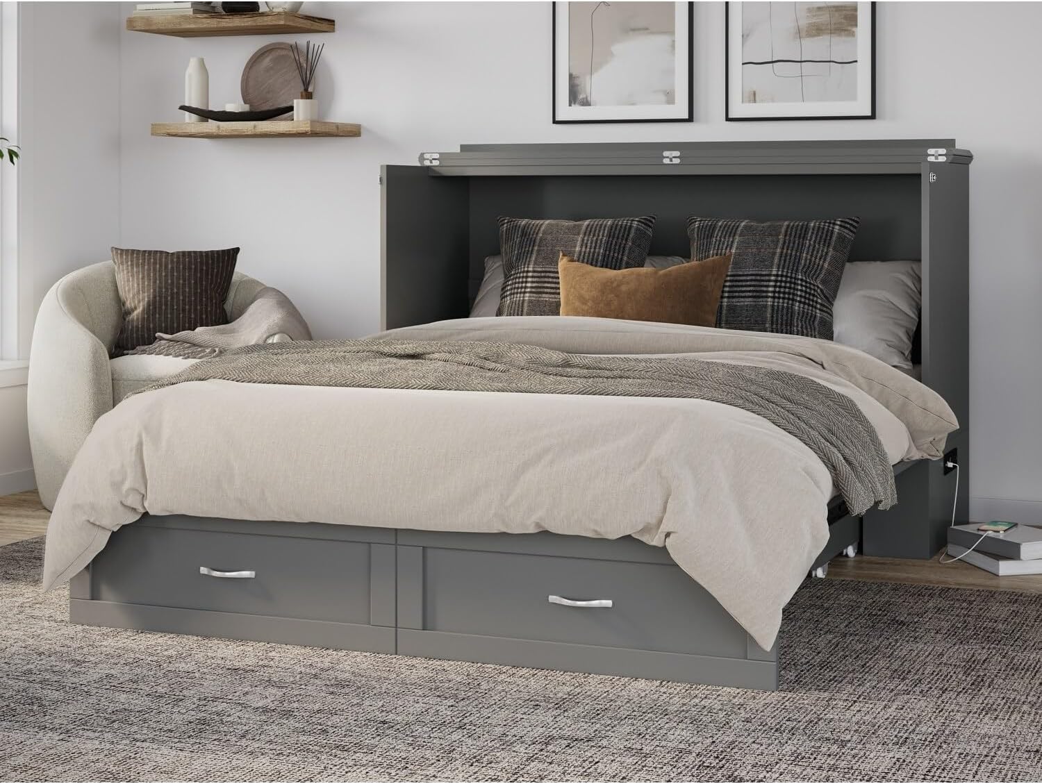 AFI, Raleigh Modern Queen Solid Wood Murphy Bed Chest with Mattress in White