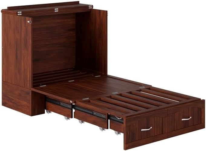 BOWERY HILL Modern Wood Twin XL Murphy Bed Chest with Mattress in Walnut