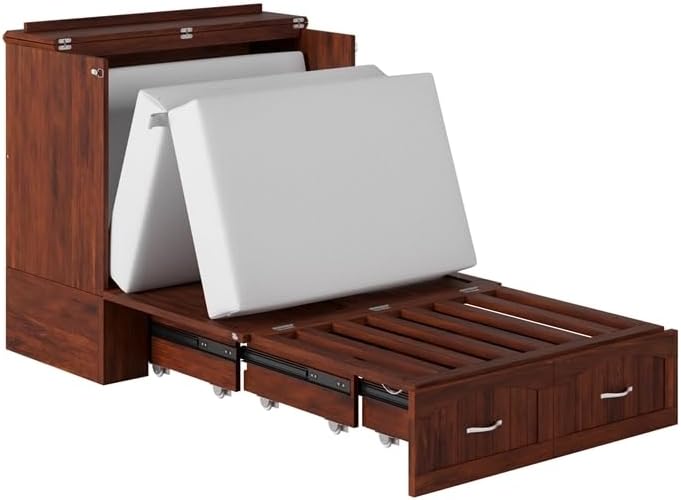 BOWERY HILL Modern Wood Twin XL Murphy Bed Chest with Mattress in Walnut