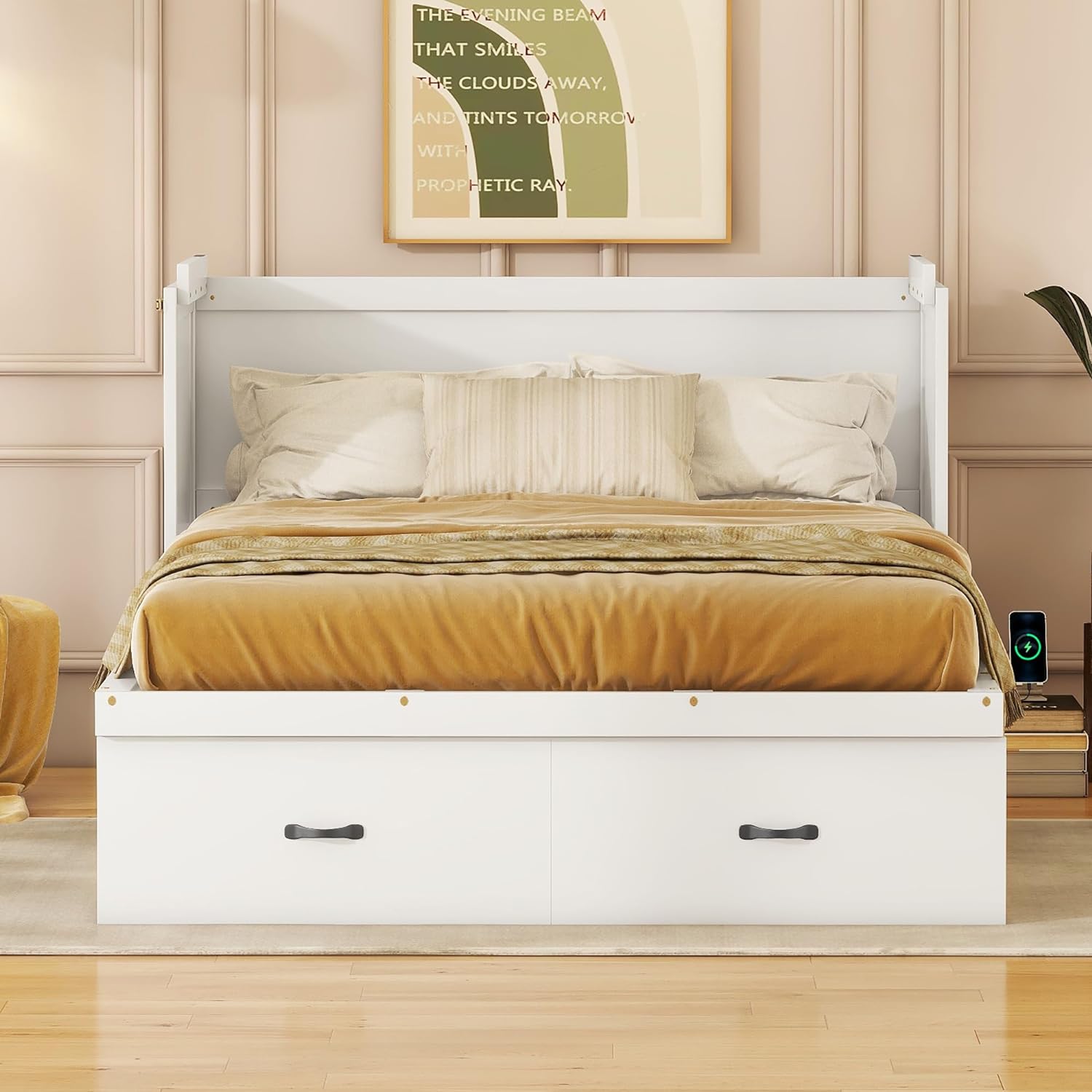 Full Size Murphy Bed and Storage Drawers and USB Port, Space-Saving Wall Bed with Storage,Murphy Bed for Living Room