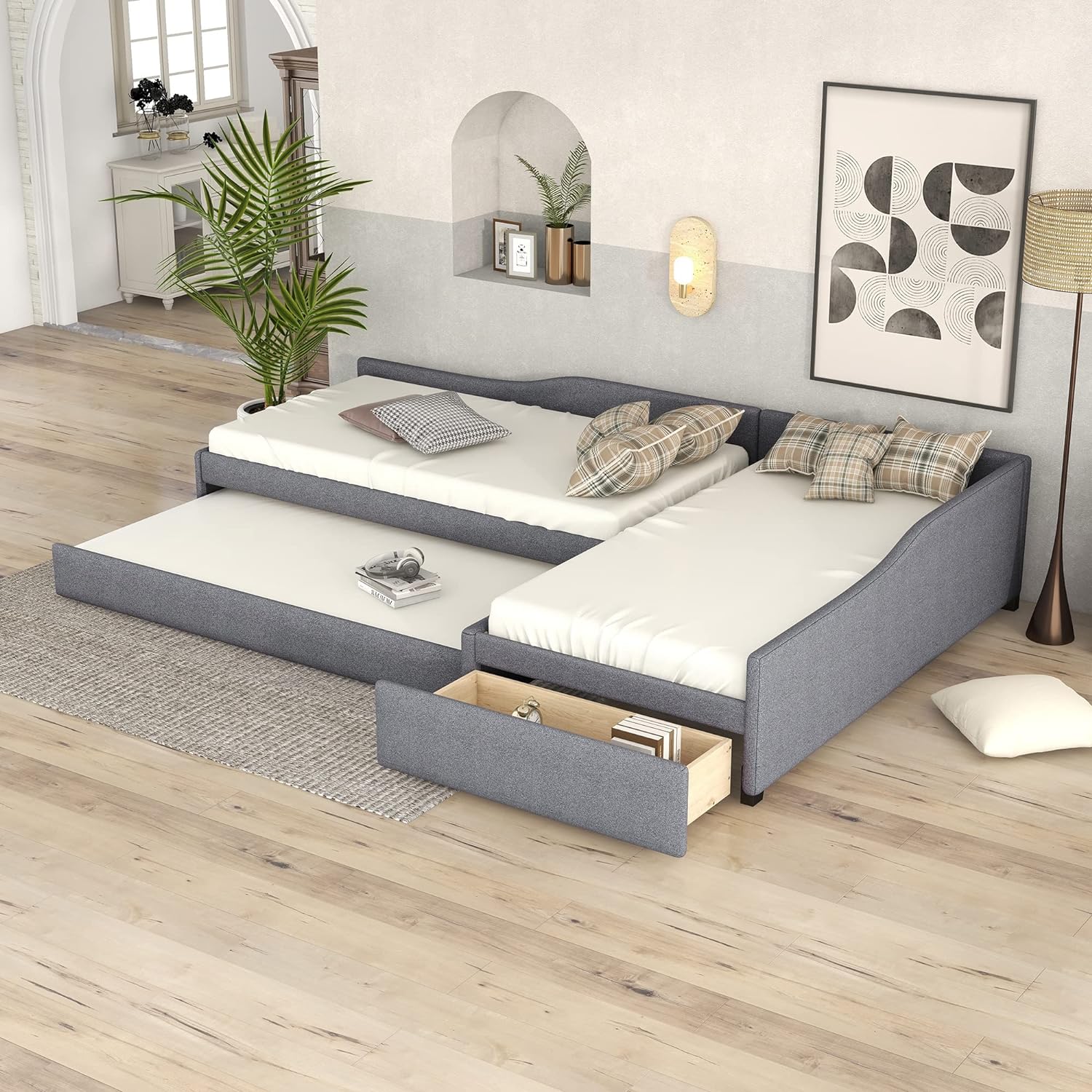 L-Shaped Double Upholstered Twin Size Daybed with Trundle and Storage Drawer, Linen Upholstery Platform Bedframe 3 in 1 Wood Beds Frame for Boys and Girls,No Box Spring Required, Gray
