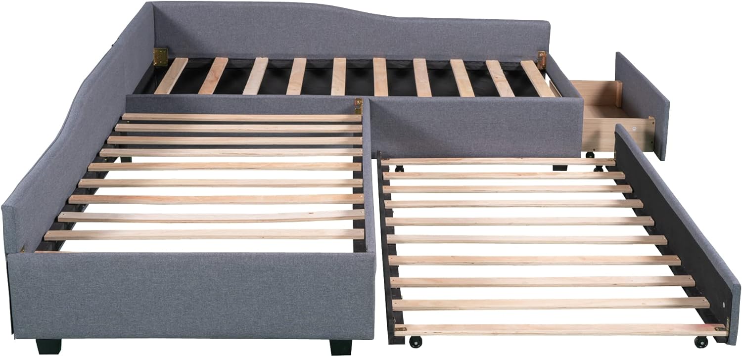L-Shaped Double Upholstered Twin Size Daybed with Trundle and Storage Drawer, Linen Upholstery Platform Bedframe 3 in 1 Wood Beds Frame for Boys and Girls,No Box Spring Required, Gray