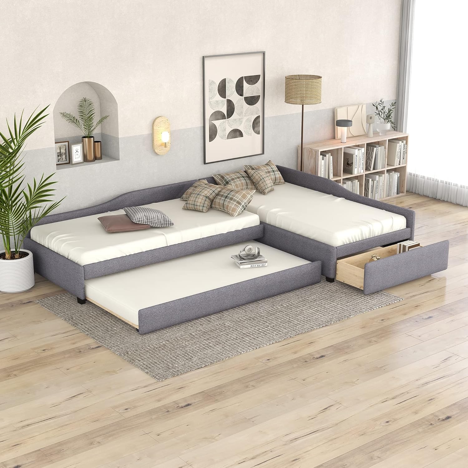 L-Shaped Double Upholstered Twin Size Daybed with Trundle and Storage Drawer, Linen Upholstery Platform Bedframe 3 in 1 Wood Beds Frame for Boys and Girls,No Box Spring Required, Gray