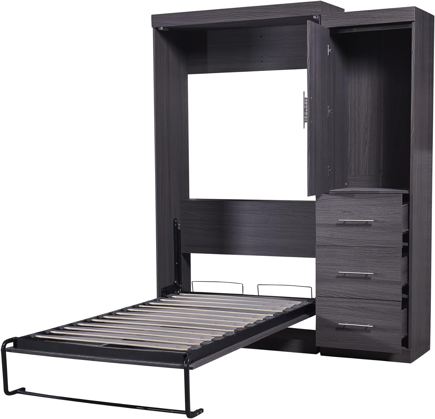 LZ LEISURE ZONE Full Size Murphy Bed, Wood Wall Bed Full Murphy Cabinet Bed with Drawers and Shelves, White+Wood