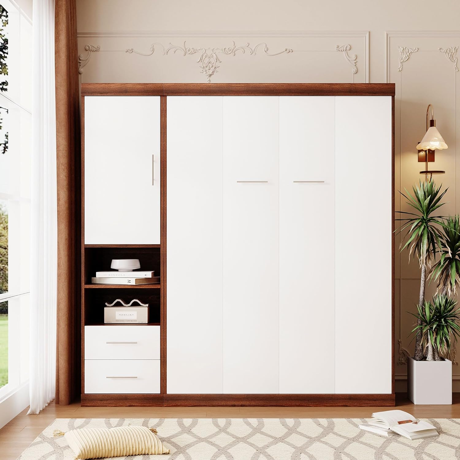 LZ LEISURE ZONE Full Size Murphy Bed, Wood Wall Bed Full Murphy Cabinet Bed with Drawers and Shelves, White+Wood