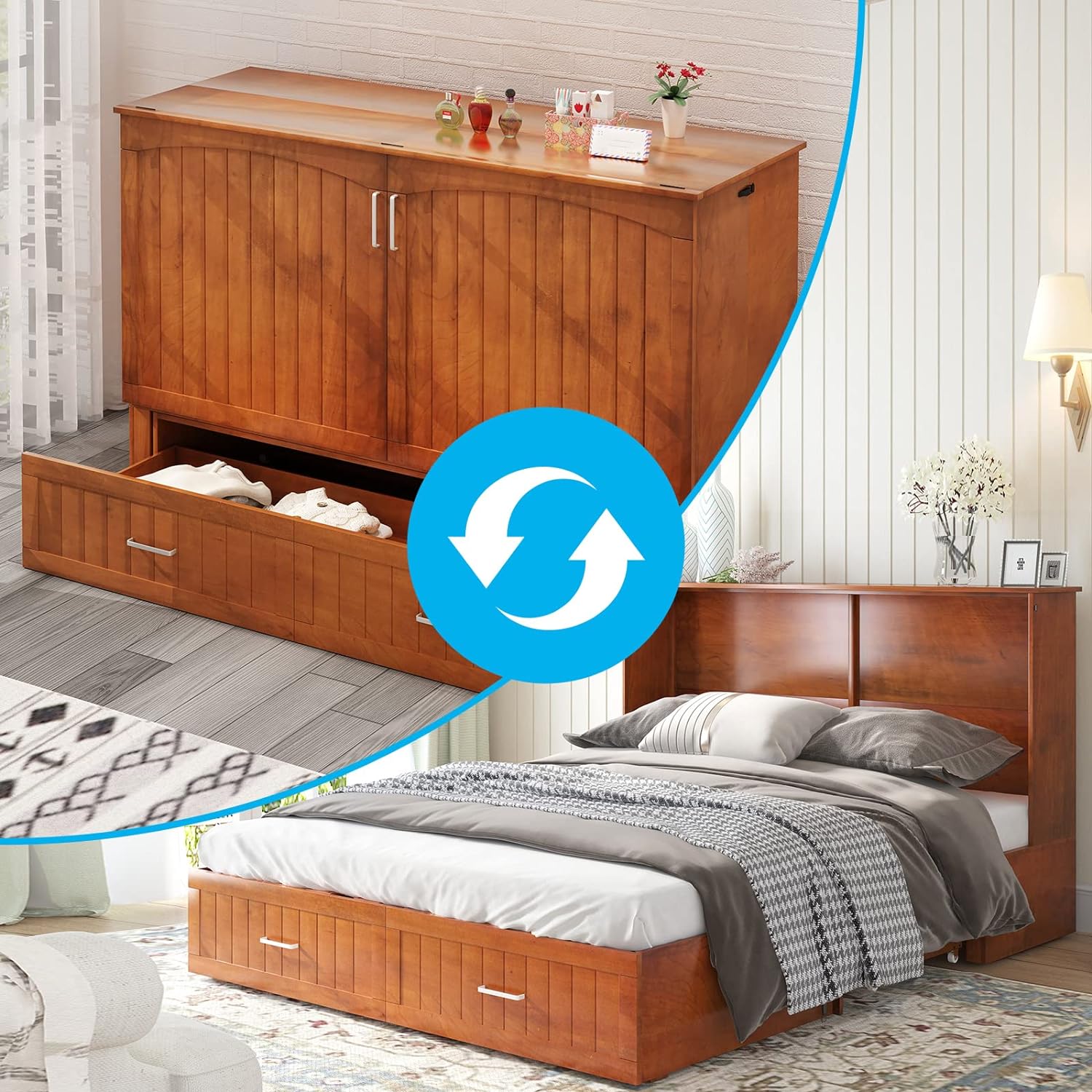 Mjkone Murphy Bed with Folding Memory Foam Mattress, 81 W Cabinet Bed with USB Charging Station, Murphy Cabinet Chest Bed Has 2 Large Drawers Use for Living Room/Bedroom (Queen Cherry)