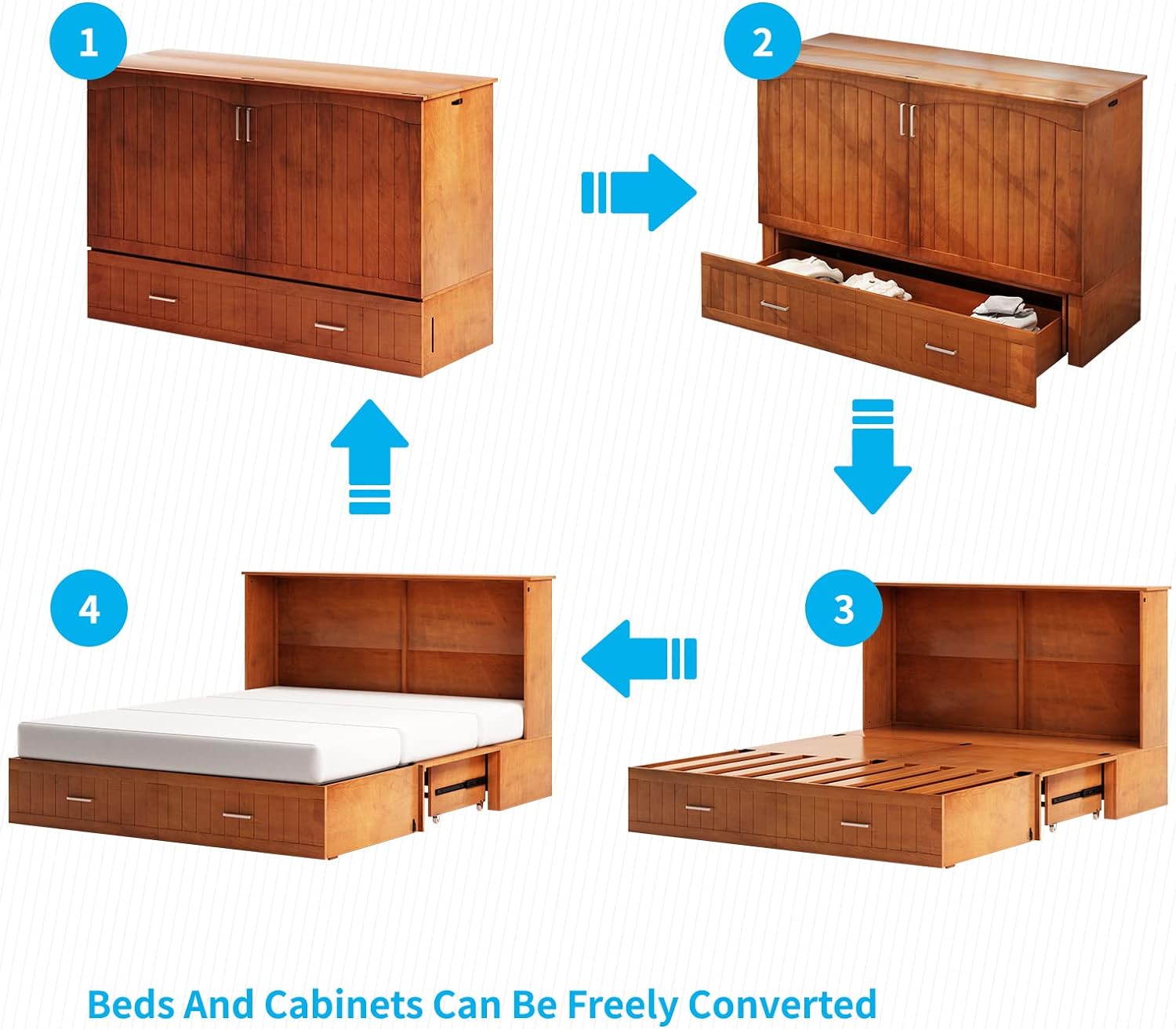 Mjkone Murphy Bed with Folding Memory Foam Mattress, 81 W Cabinet Bed with USB Charging Station, Murphy Cabinet Chest Bed Has 2 Large Drawers Use for Living Room/Bedroom (Queen Cherry)
