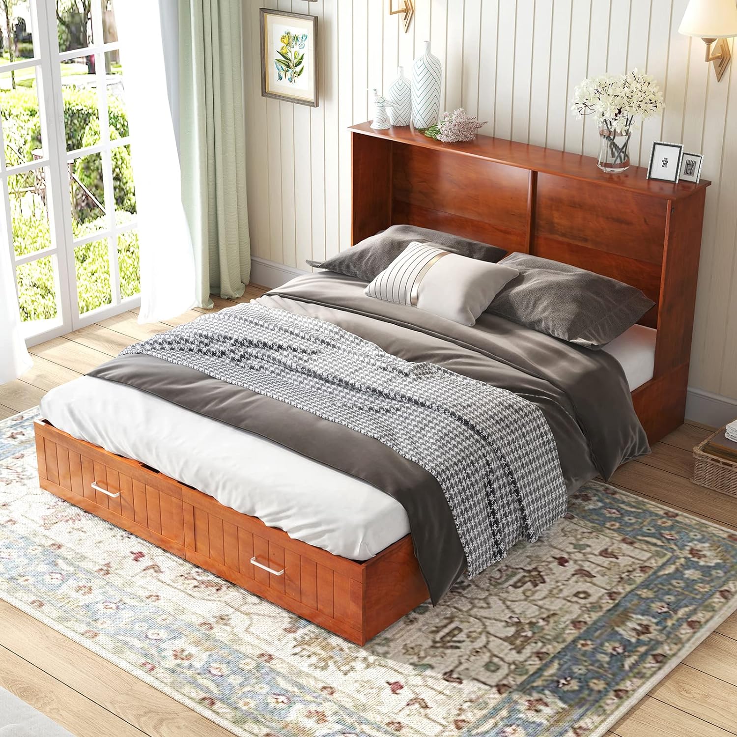 Mjkone Murphy Bed with Folding Memory Foam Mattress, 81 W Cabinet Bed with USB Charging Station, Murphy Cabinet Chest Bed Has 2 Large Drawers Use for Living Room/Bedroom (Queen Cherry)