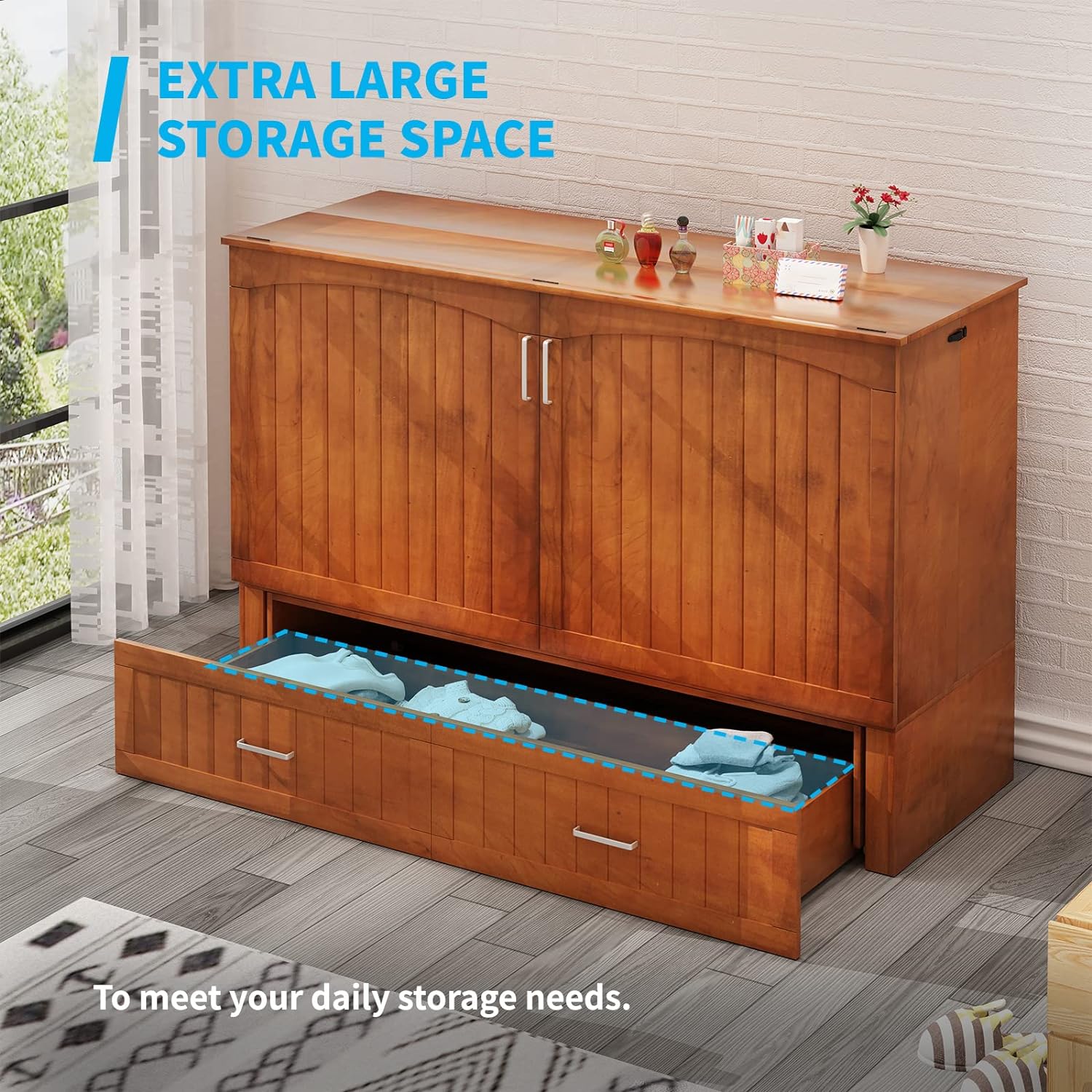 Mjkone Murphy Bed with Folding Memory Foam Mattress, 81 W Cabinet Bed with USB Charging Station, Murphy Cabinet Chest Bed Has 2 Large Drawers Use for Living Room/Bedroom (Queen Cherry)