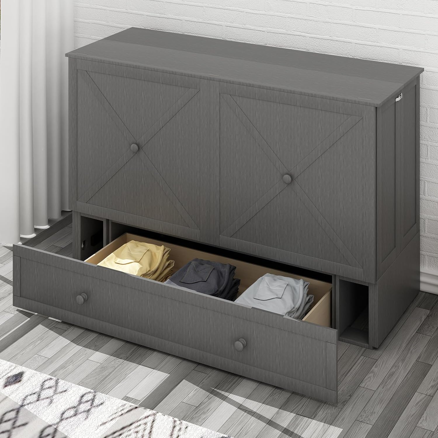 Mjkone Queen Size Murphy Bed with Tri-Folding Mattress, Charging Station, Modern Cabinet Bed with Drawers, Multifunctional Design Wall Murphy Bed for Living Room, Apartment (Grey Pattern H)