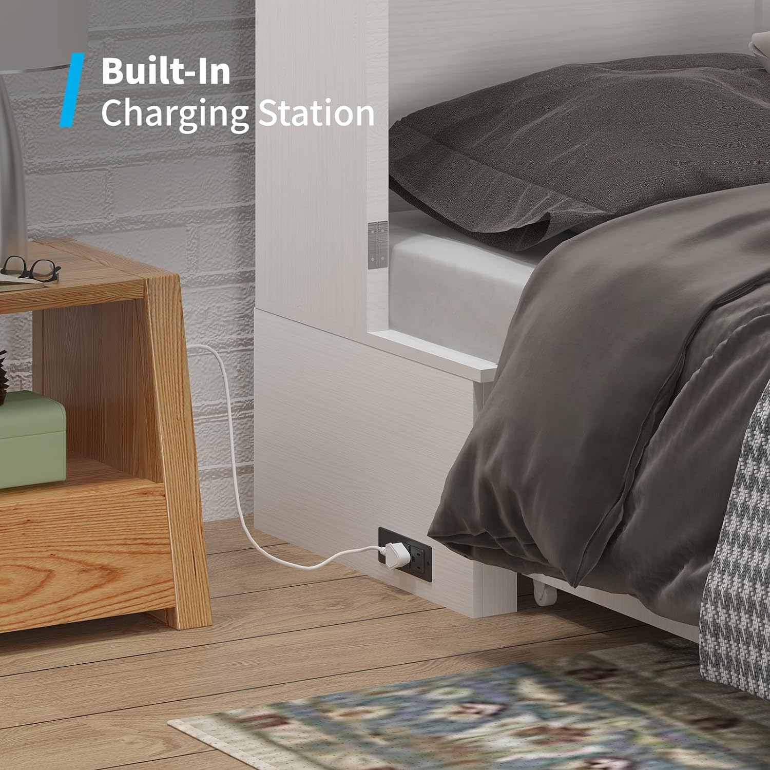 Mjkone Queen Size Murphy Bed with Tri-Folding Mattress, Charging Station, Modern Cabinet Bed with Drawers, Multifunctional Design Wall Murphy Bed for Living Room, Apartment (Grey Pattern H)