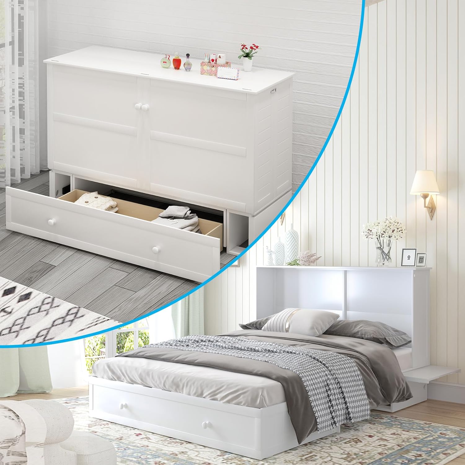 Mjkone Queen Size Murphy Bed with Tri-Folding Mattress, Charging Station, Modern Cabinet Bed with Drawers, Multifunctional Design Wall Murphy Bed for Living Room, Apartment (Grey Pattern H)