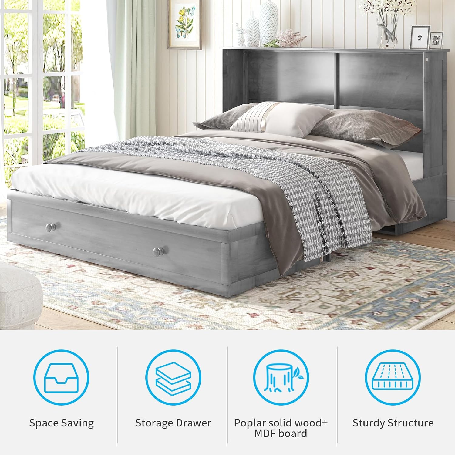 Mjkone Queen Size Murphy Bed with Tri-Folding Mattress, Charging Station, Modern Cabinet Bed with Drawers, Multifunctional Design Wall Murphy Bed for Living Room, Apartment (Grey Pattern H)
