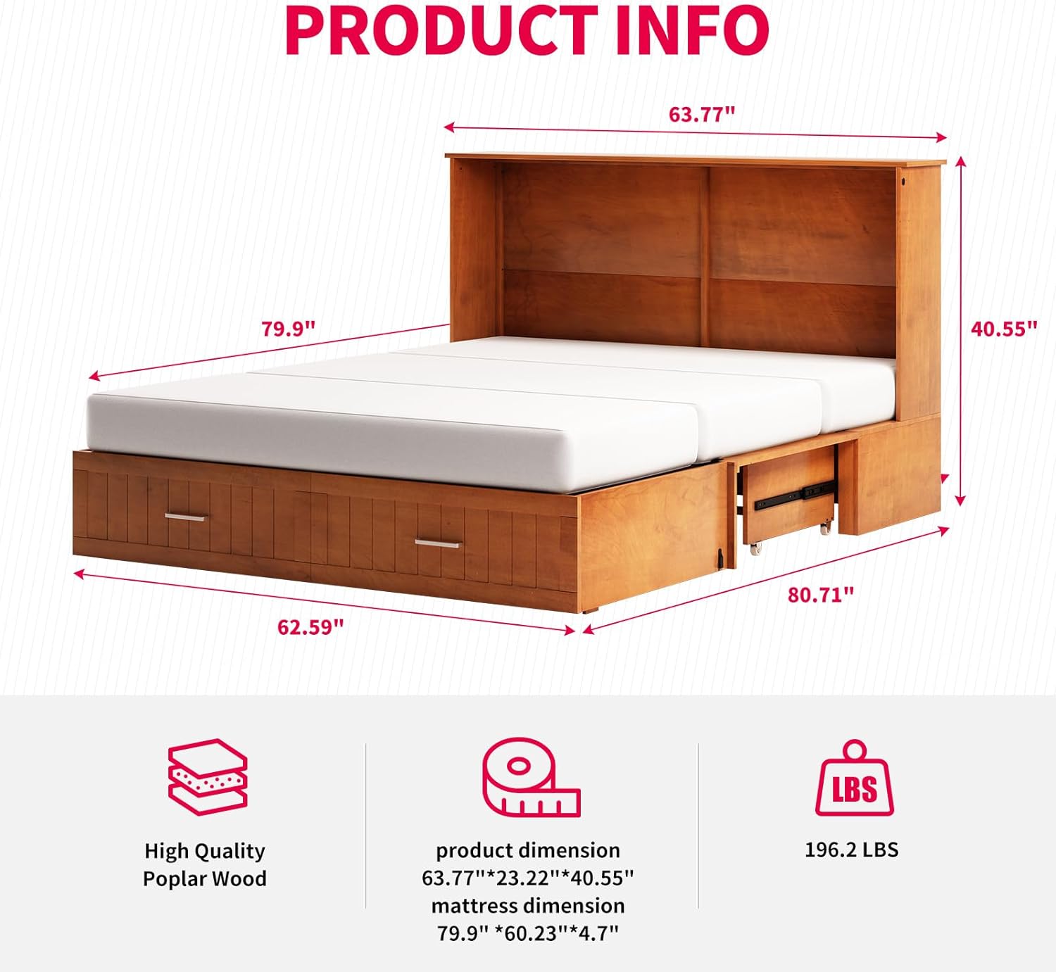 MUZZ Queen Size Murphy Bed, Cabinet Murphy Bed with Foam Mattress, Foldable Space-Saving Cube Murphy Bed with Charging Station  Large Storage Drawer for Bedroom (Cherry)