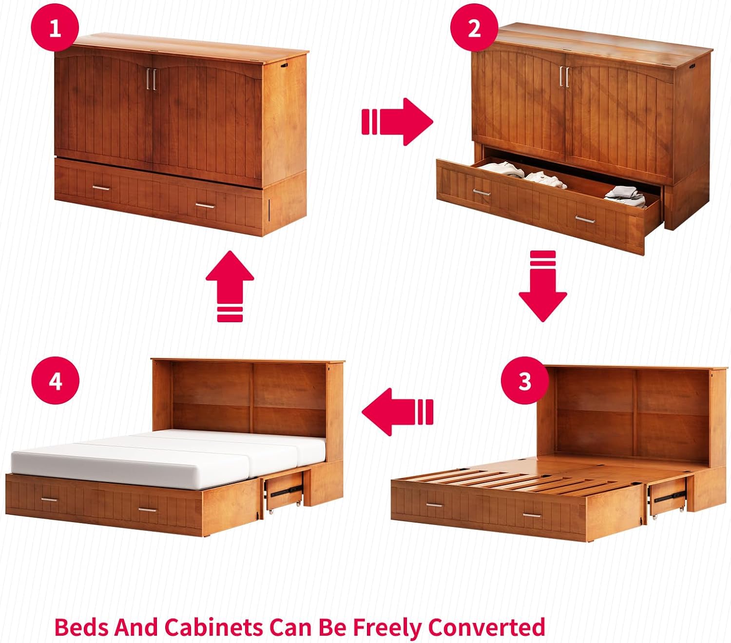 MUZZ Queen Size Murphy Bed, Cabinet Murphy Bed with Foam Mattress, Foldable Space-Saving Cube Murphy Bed with Charging Station  Large Storage Drawer for Bedroom (Cherry)