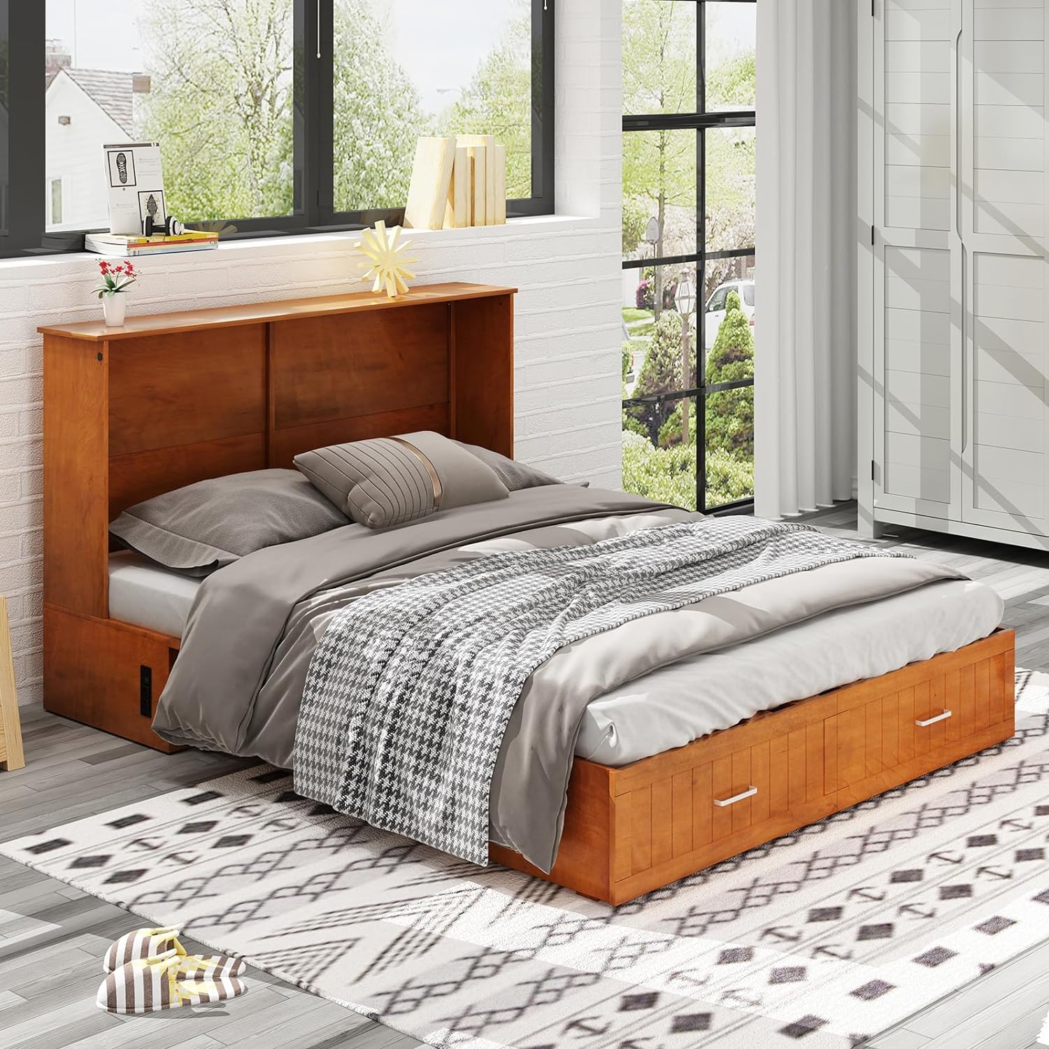 MUZZ Queen Size Murphy Bed, Cabinet Murphy Bed with Foam Mattress, Foldable Space-Saving Cube Murphy Bed with Charging Station  Large Storage Drawer for Bedroom (Cherry)