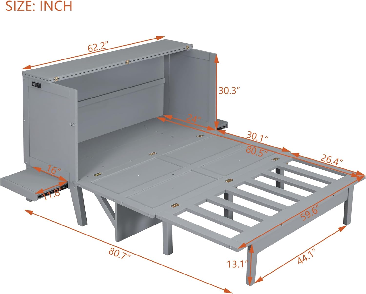 P PURLOVE Queen Murphy Bed with Built-in Charging Station,Solid Wood Queen Size Murphy Cube Cabinet Bed with Large Storage Drawer for Apartment/Living Room