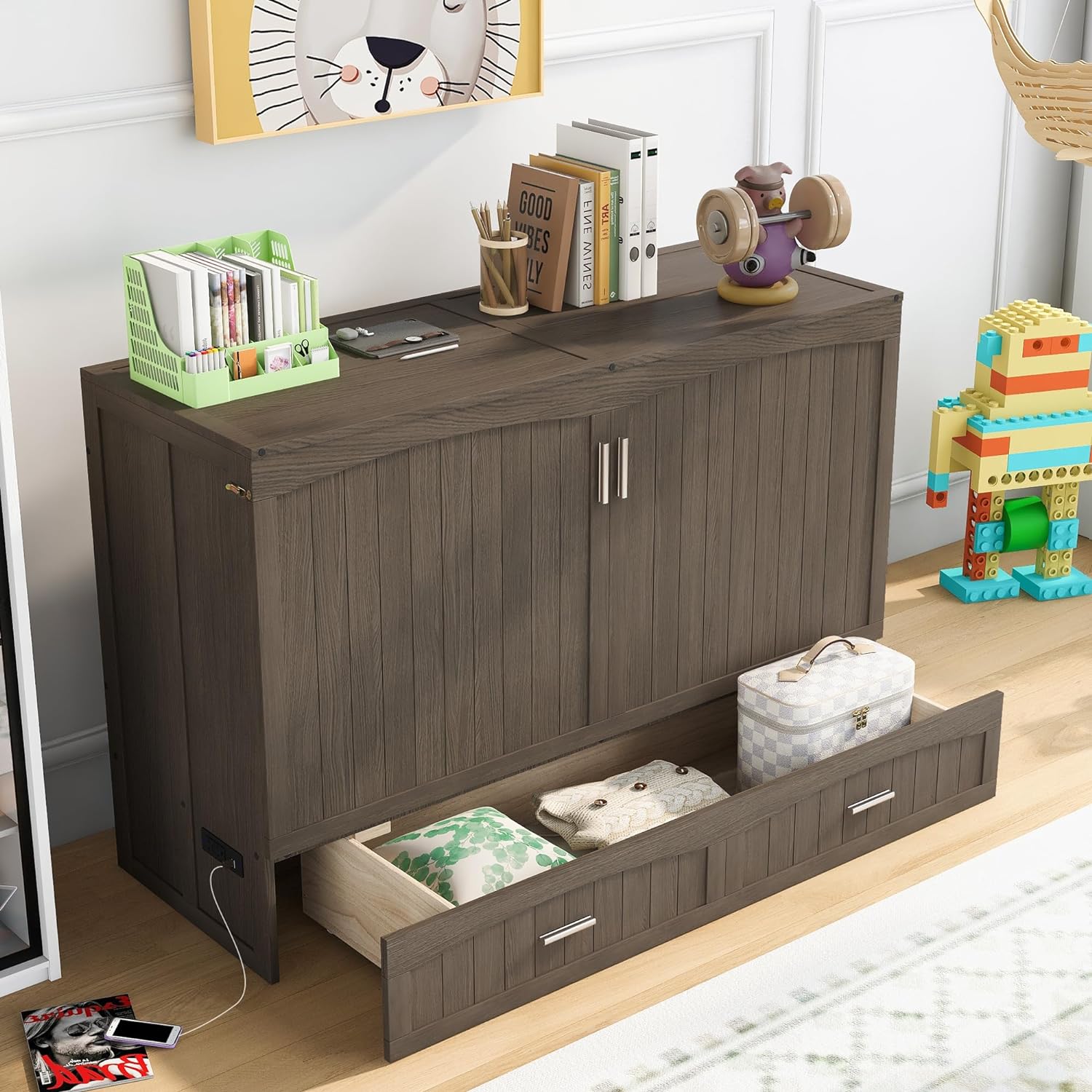 P PURLOVE Queen Murphy Bed with Built-in Charging Station,Solid Wood Queen Size Murphy Cube Cabinet Bed with Large Storage Drawer for Apartment/Living Room