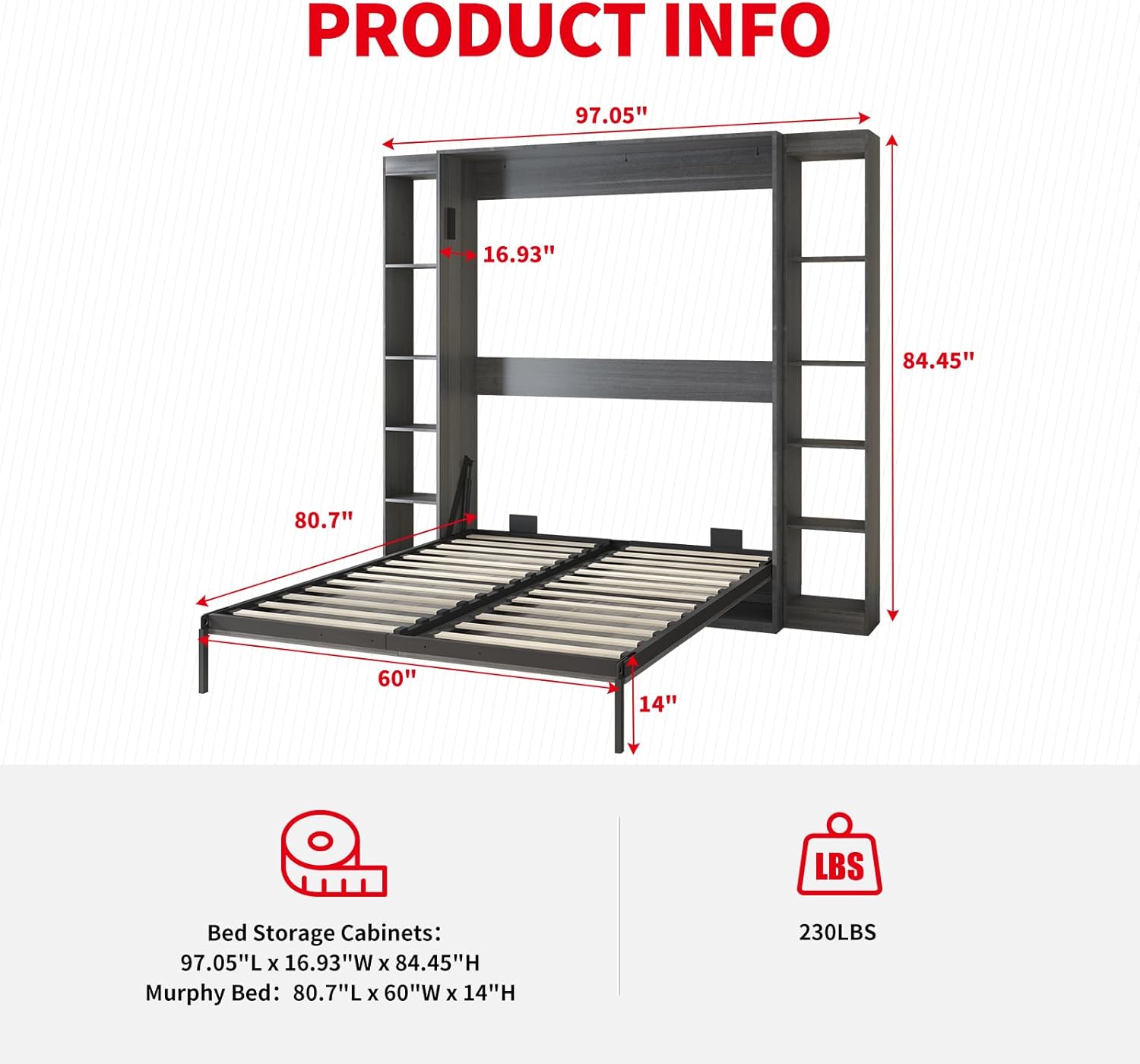 Queen Size Murphy Bed with 2 Side Cabinet, Space-Saving Wall Bed for Multipurpose Room, Solid Wood Storage Bed can be Folded into a Cabinet, Versatile Cabinet Bed Folding Hideaway Bed