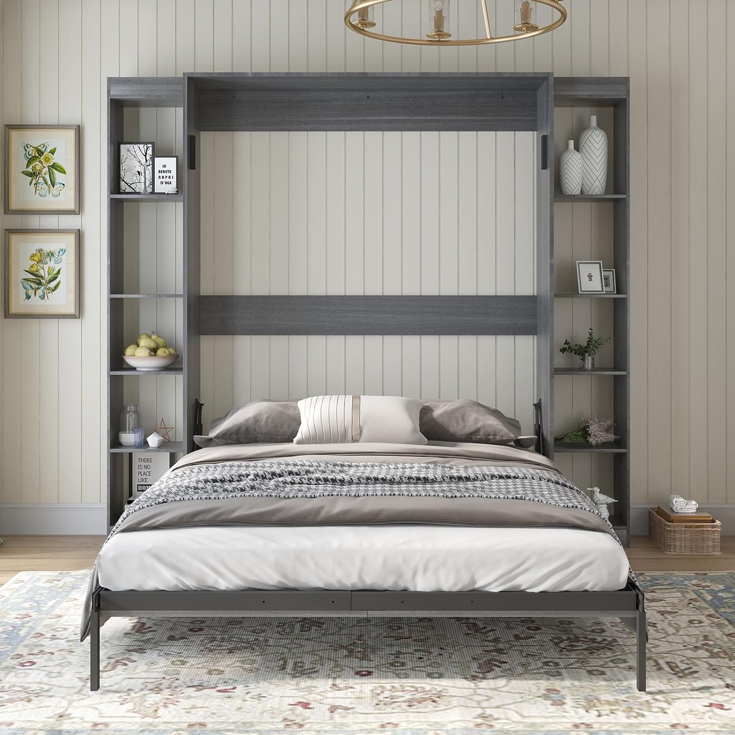 Queen Size Murphy Bed with 2 Side Cabinet, Space-Saving Wall Bed for Multipurpose Room, Solid Wood Storage Bed can be Folded into a Cabinet, Versatile Cabinet Bed Folding Hideaway Bed