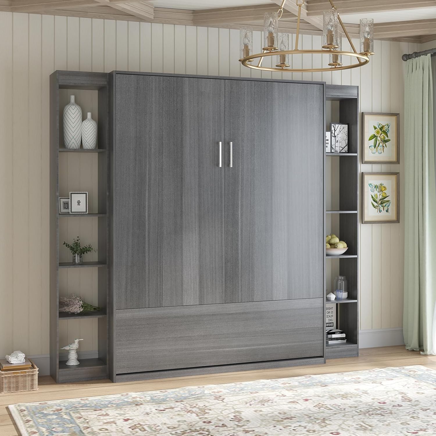 Queen Size Murphy Bed with 2 Side Cabinet, Space-Saving Wall Bed for Multipurpose Room, Solid Wood Storage Bed can be Folded into a Cabinet, Versatile Cabinet Bed Folding Hideaway Bed