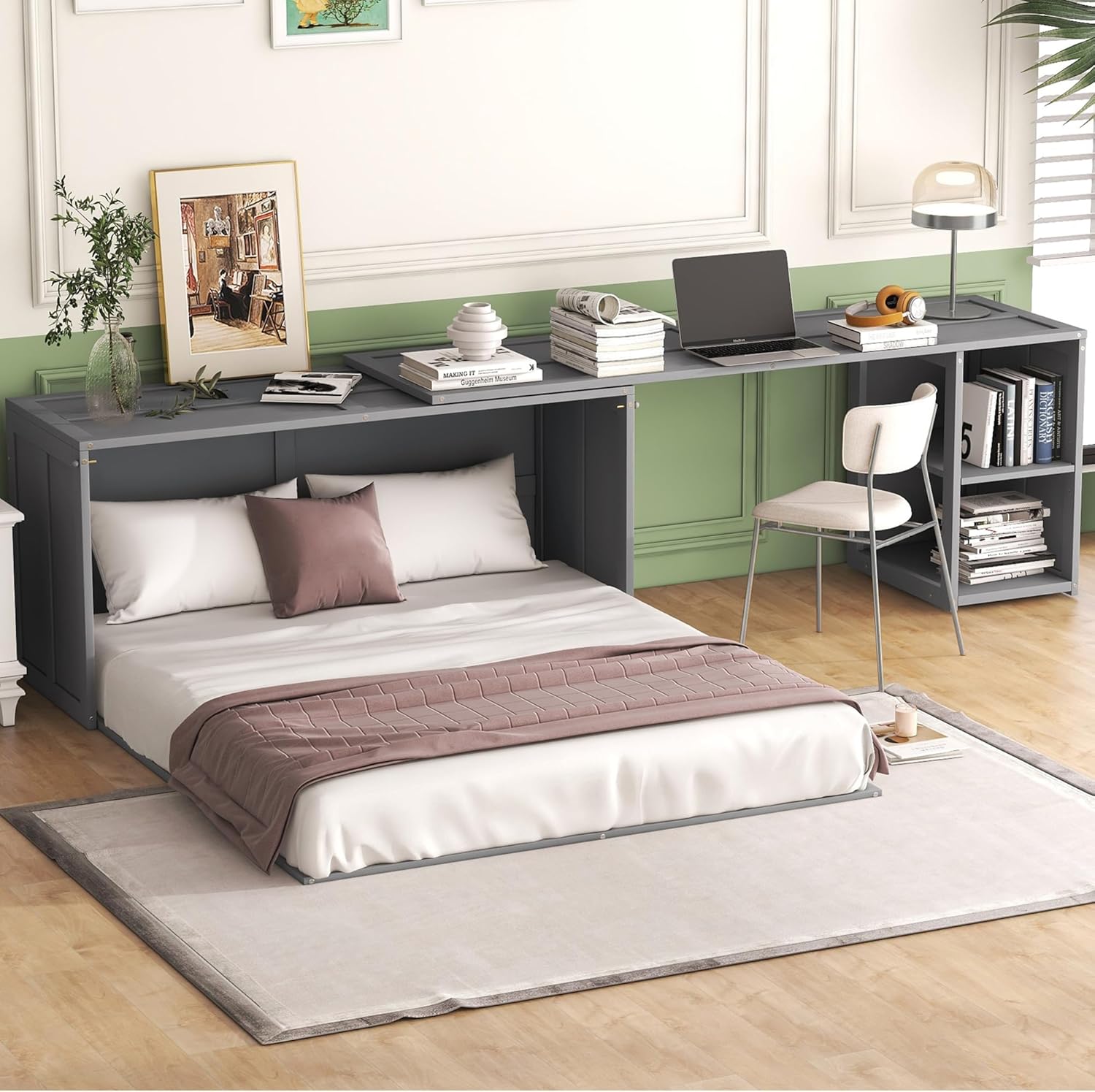 Queen Size Murphy Bed with Removable Desk Desk and Shelves, Wood Multifunctional Bedframe with Cabinet for for Small Spaces,Floor Design,Gray