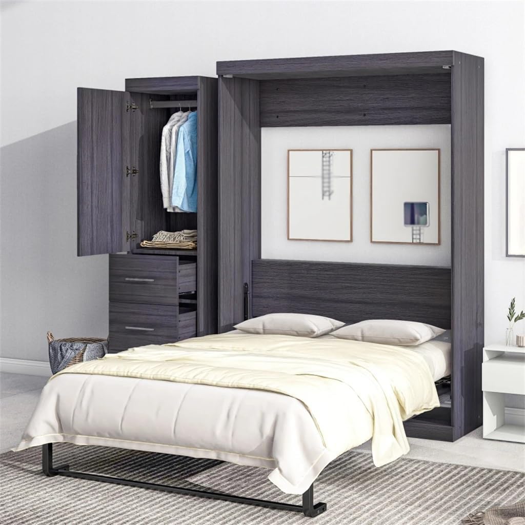 Full Size Murphy Bed with 1 Wardrobe  3 Drawers,Folded Bed,Storage Bed,can Be Folded Into A Cabinet