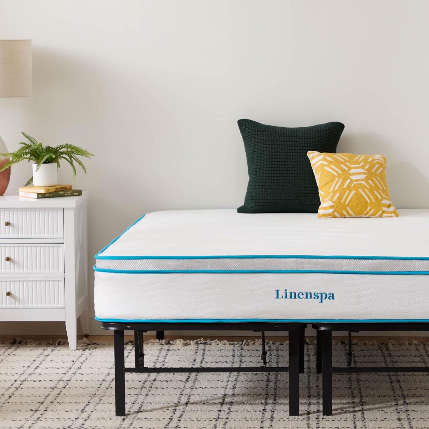 Linenspa 10” Memory Foam and Innerspring Hybrid Mattress + 14” Black Metal Platform Bedframe – Queen Mattress + Metal Folding Queen Bedframe