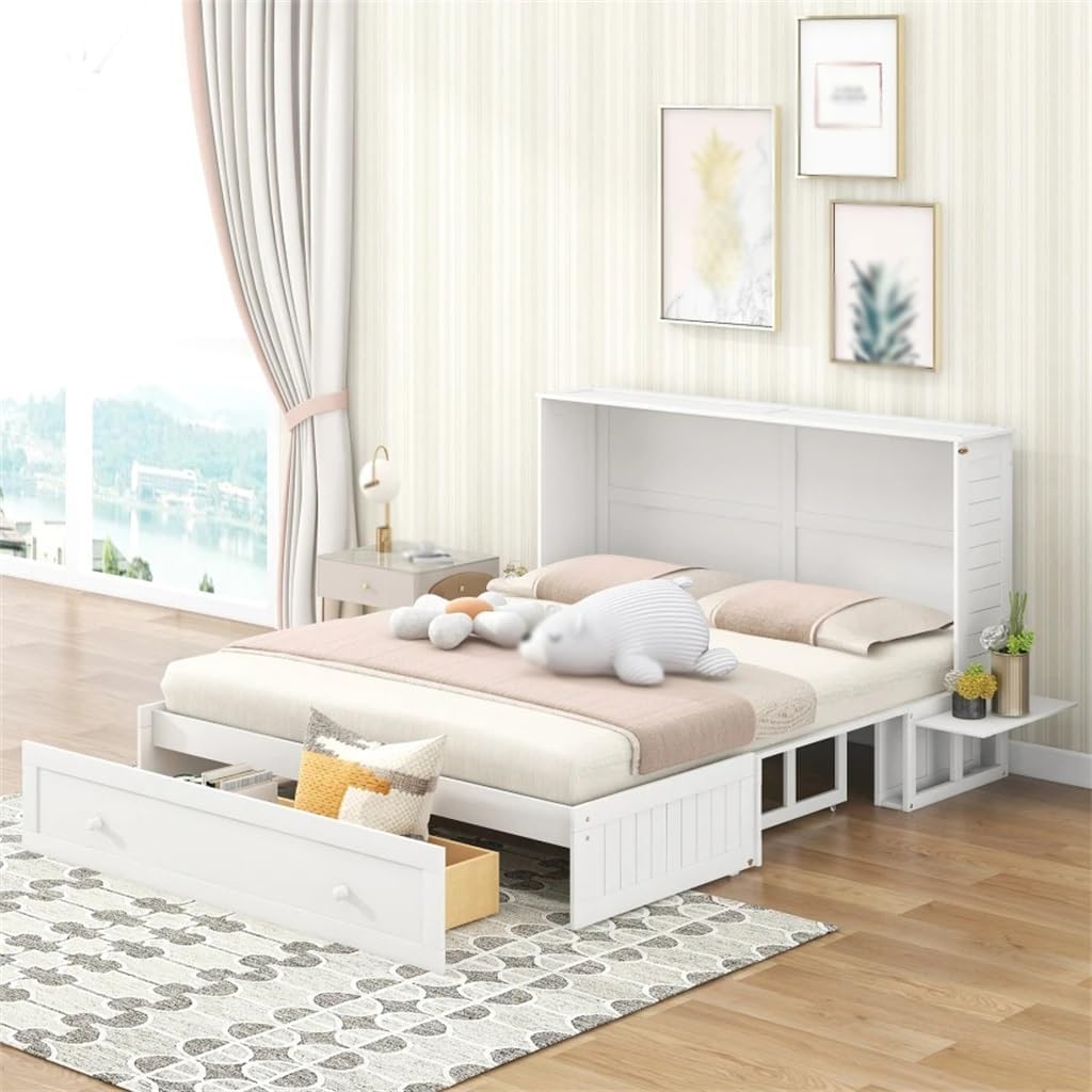 Queen Size Mobile Murphy Bed, with Drawer  Little Shelves On Each Side,Function Queen Bed As A Bookcase Or Cabinet