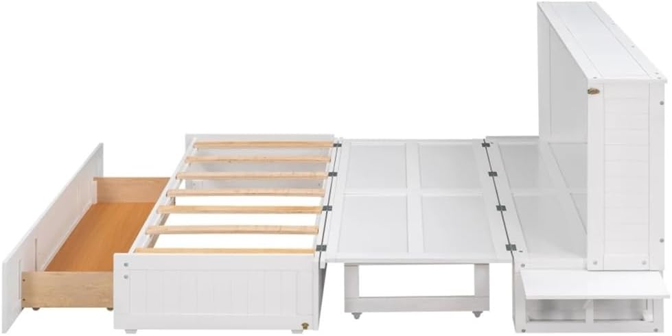 Queen Size Mobile Murphy Bed, with Drawer  Little Shelves On Each Side,Function Queen Bed As A Bookcase Or Cabinet