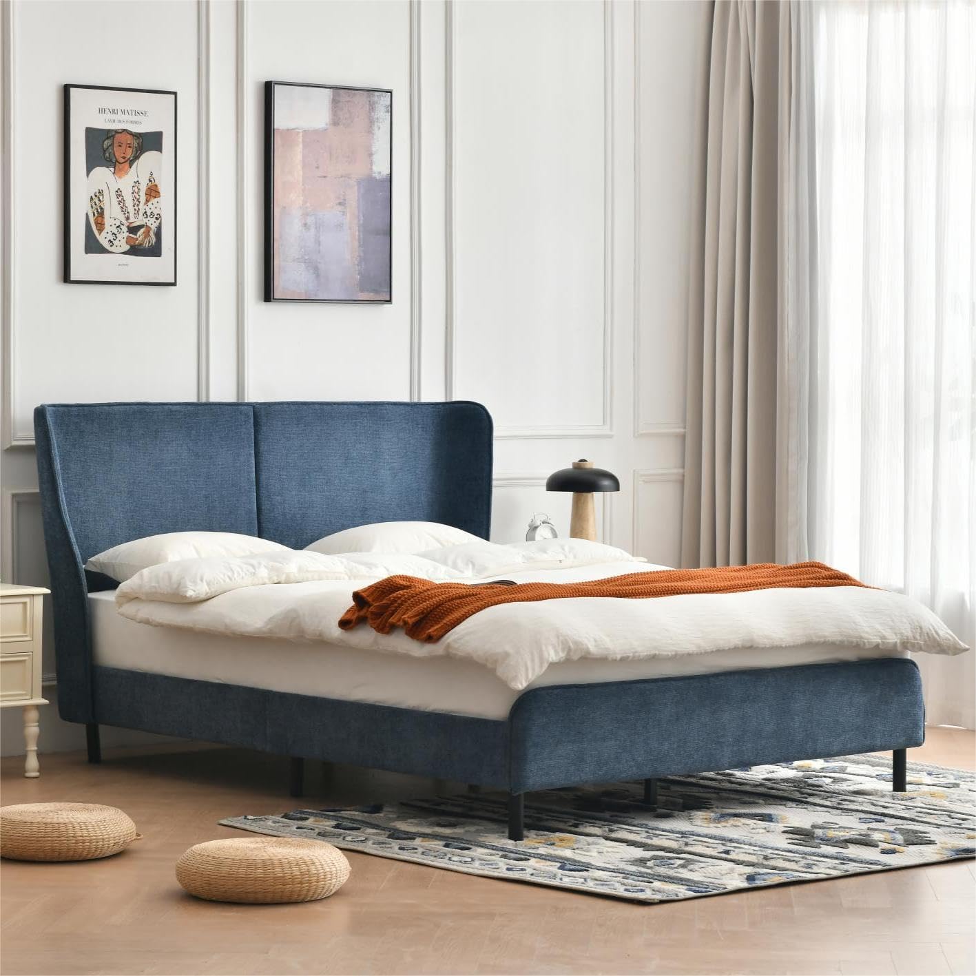 Queen Upholstered Platform Bed with Wingback Rounded Headboard, Solid Wood Slat Support, Easy to Assemble and No Noise Free (Blue, FULL)