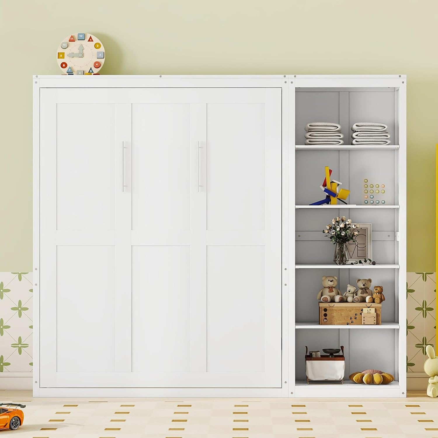 Harper  Bright Designs Twin Murphy Bed with Wardrobe, Storage Shelves and Drawers, Built-in Table, Space-Saving Murphy Bed Cabinet for Guest Room Home Office (White)