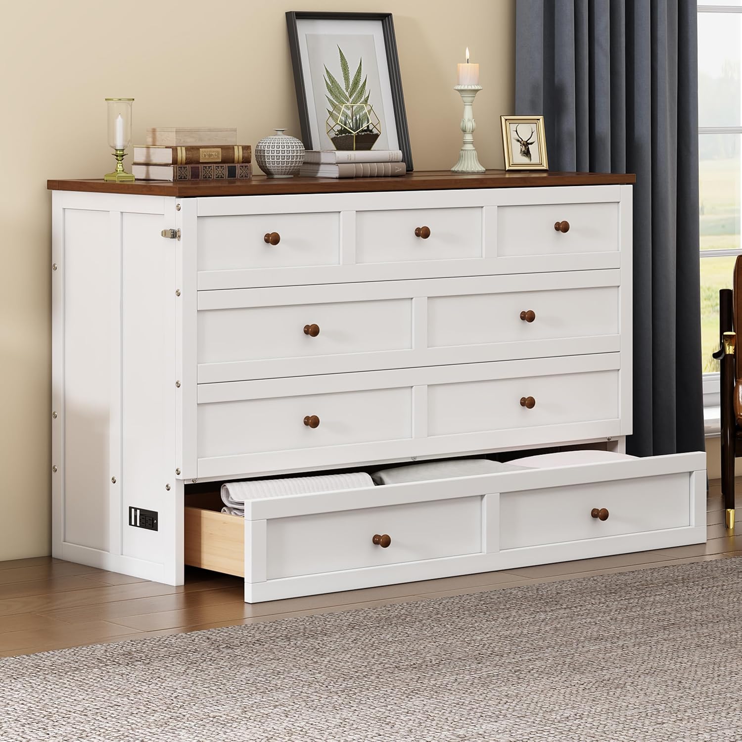 SOFTSEA Full Murphy Bed Cabinet with Charging Station and Large Drawer Wall Bed Cube Bed Wood Platform Bed Frame for Small Room