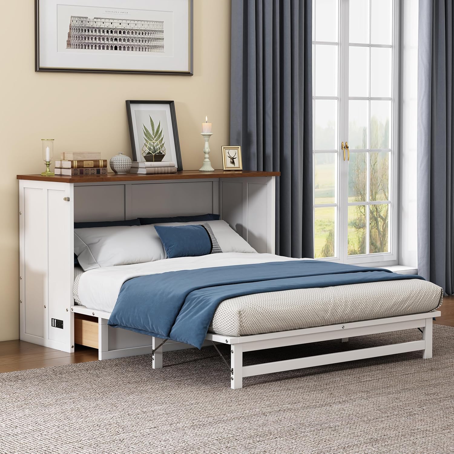 SOFTSEA Full Murphy Bed Cabinet with Charging Station and Large Drawer Wall Bed Cube Bed Wood Platform Bed Frame for Small Room