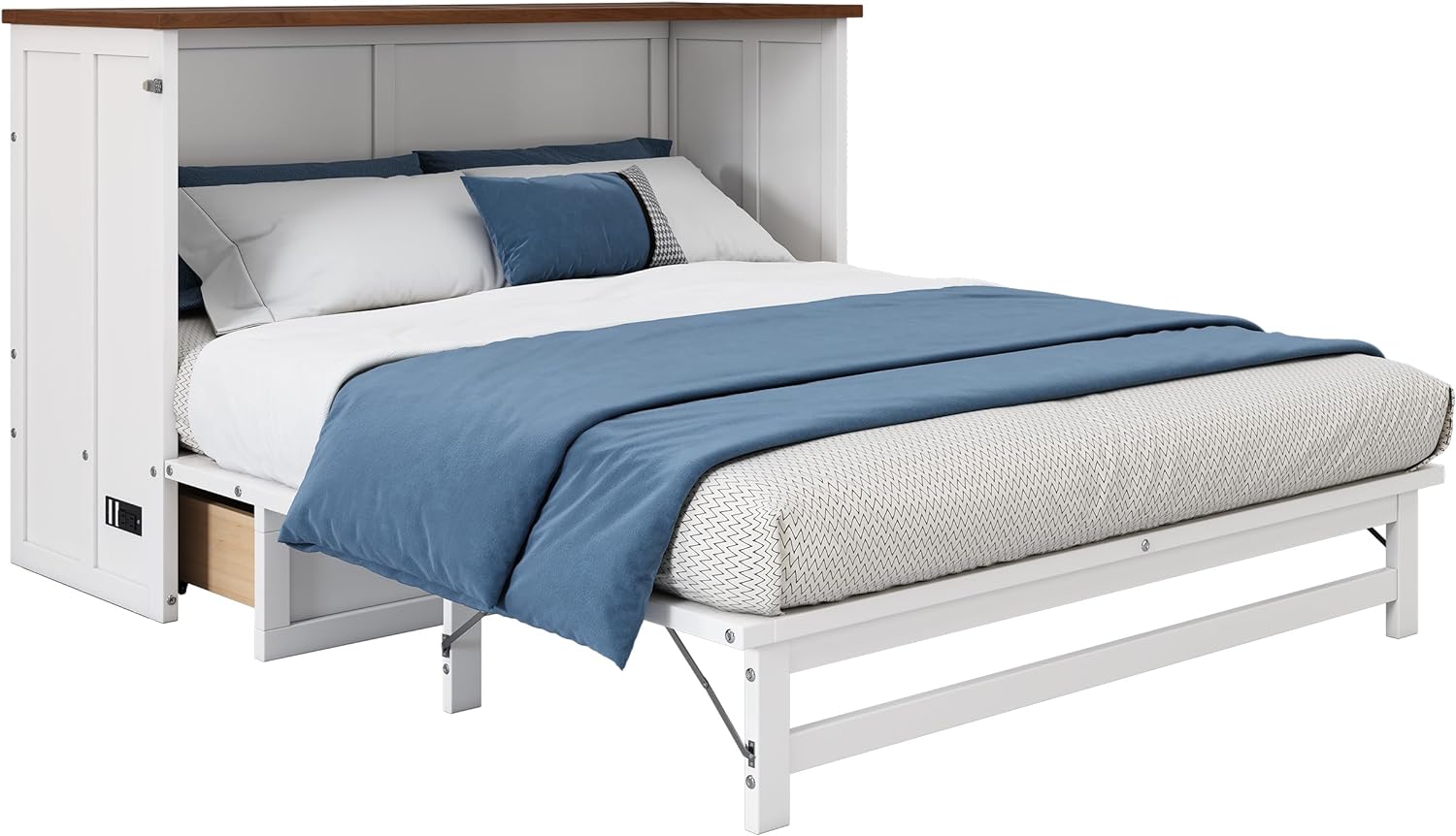 SOFTSEA Full Murphy Bed Cabinet with Charging Station and Large Drawer Wall Bed Cube Bed Wood Platform Bed Frame for Small Room